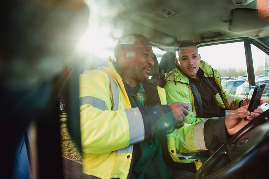 Two men in a truck